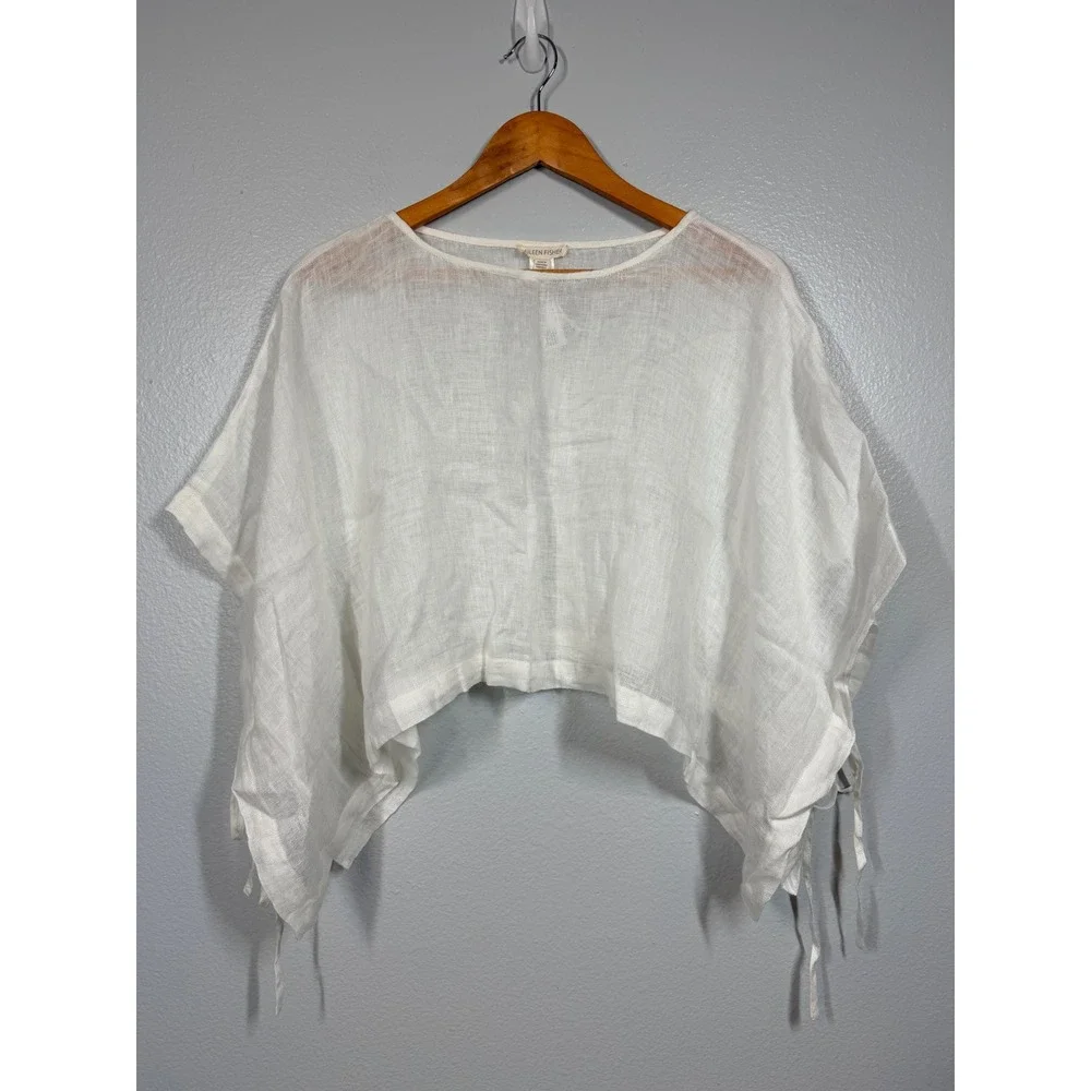 Eileen Fisher Organic Linen Gauze Poncho Boxy Fit Cropped Bateau Neck Small/Med - Picture 2 of 4